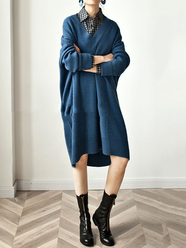 Stylish Long Sleeves Loose Color V-neck Sweater Dresses