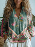 Women's Floral Art Print Casual Long Sleeve Comfortable Cotton Shirt