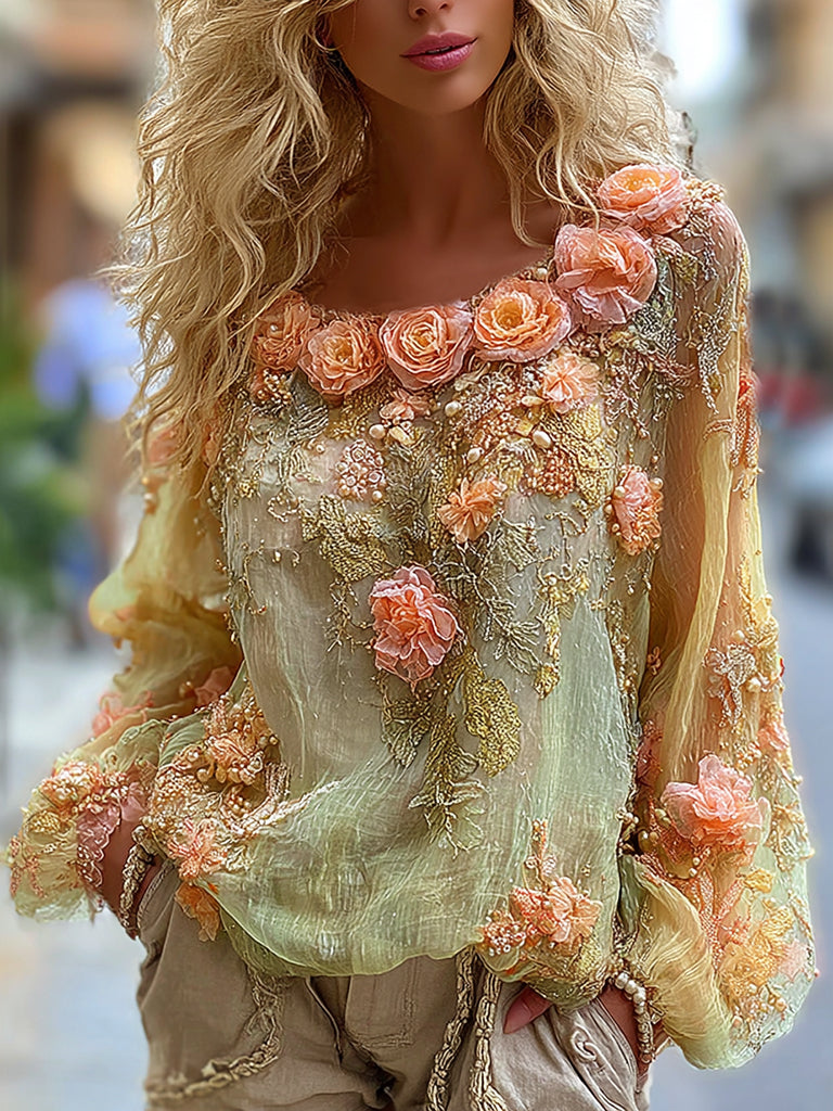 Women's Classic Bohemian Yellow Floral Embroidery Art Long Sleeve Linen Blend T-shirt elevenforest