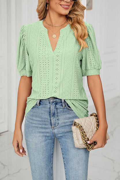 V-neck Color Hollow Puff Sleeve Loose T-shirt Top