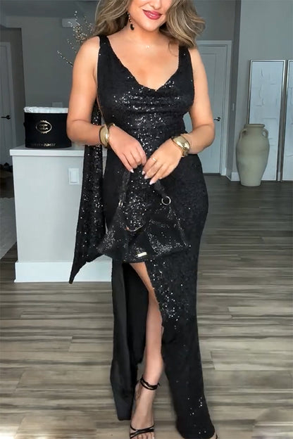All the Sparkle Sequin Cowl Neck Backless Slit Stretch Maxi Dress
