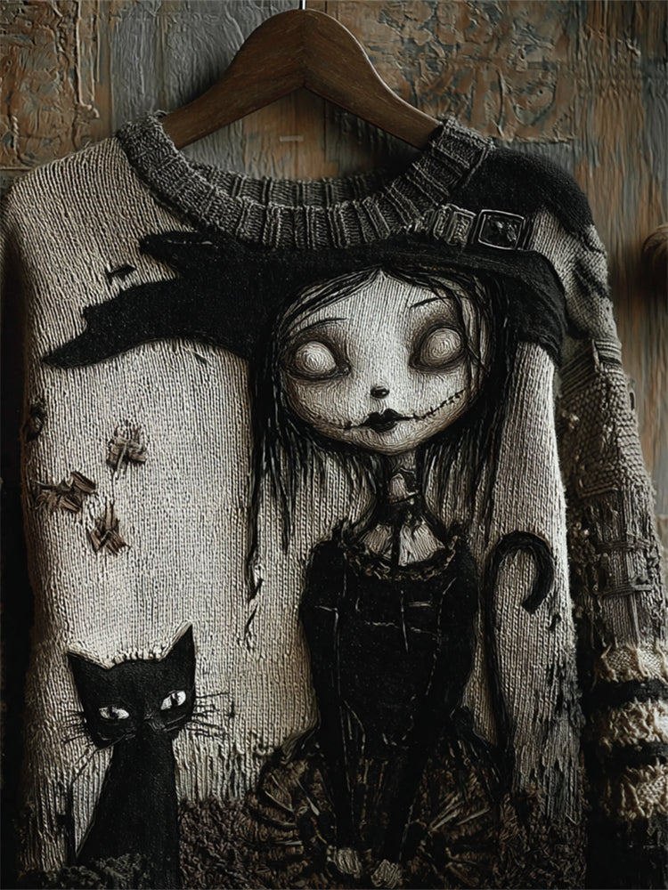 Halloween Gothic Witch Girl & Black Cat Knit Art Cozy Sweater artswardrobe