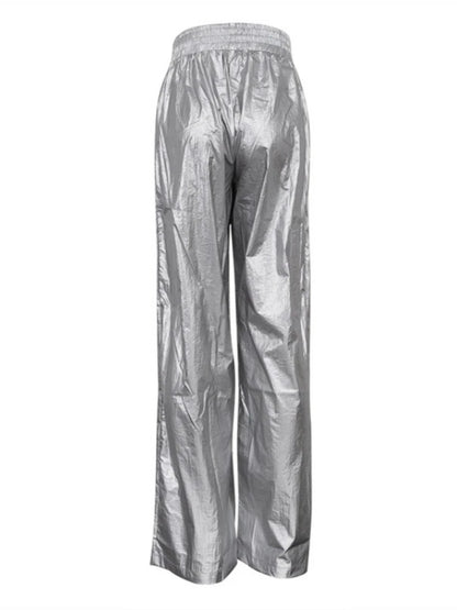Pu Silver Pants Autumn Winter High Waist Loose Wide Leg Pant Femme Party Club Woman