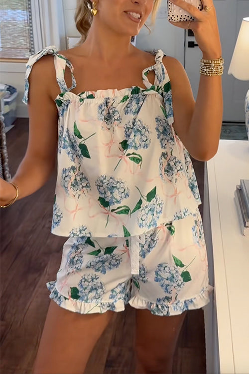 Print Bow Shoulder Cami Top and Ruffle Shorts Pajama Set