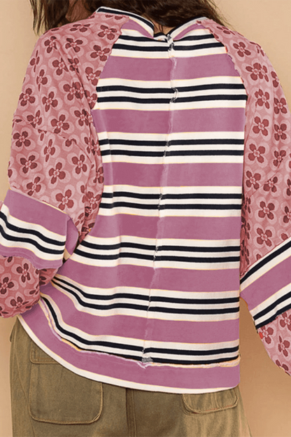 Striped Print Flowers Contrast O Neck Hoodies