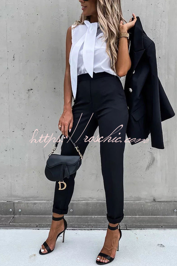 Time to Charm Lapel Button Pocket Long Sleeve Blazer Elastic Waist Pants Suit