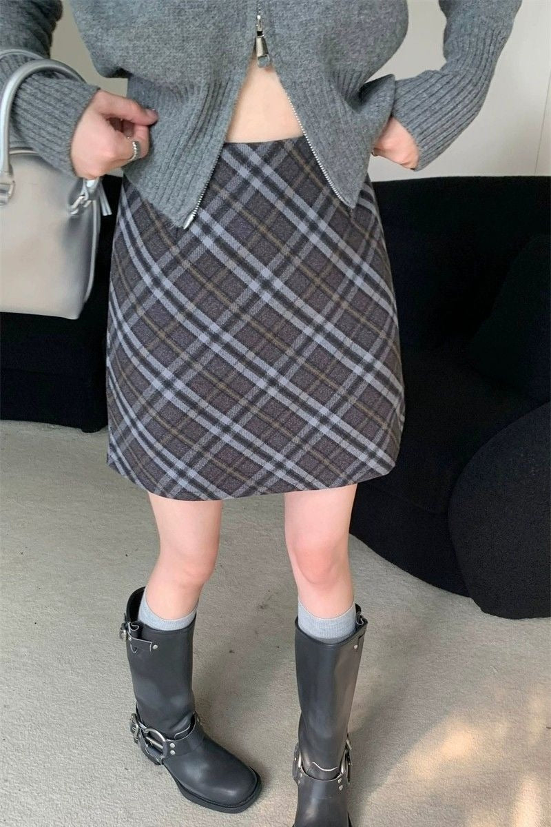 Tweed Plaid High Waist Fitted Short Skirt