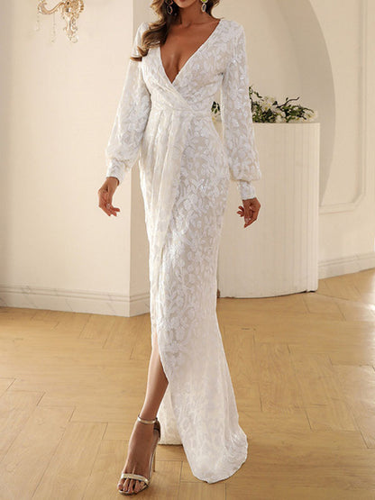 Sequined Color Split-front Tied Waist Bodycon Long Sleeves V-neck Maxi Dresses