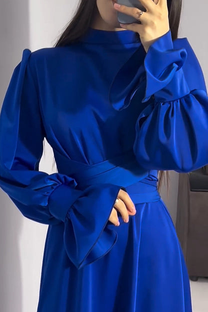 Color Ruffled Sleeves Waisted Tie Slim Fit Maxi Dress