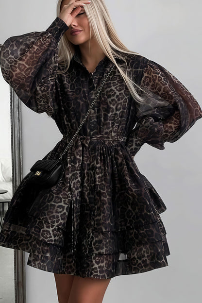 Chiffon Leopard Print Long Sleeve Mini Dress