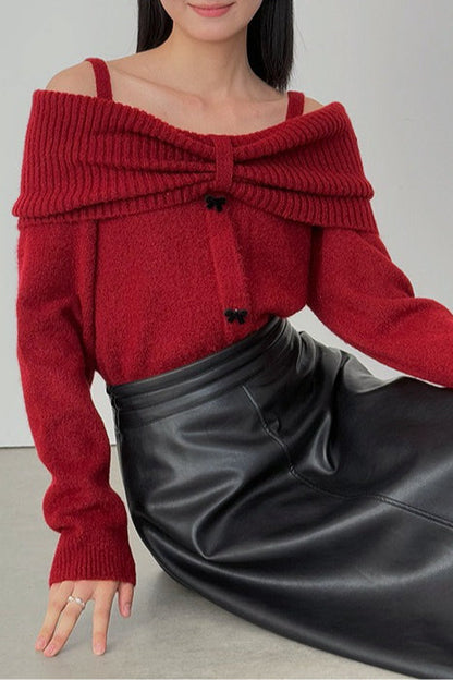 Off-shoulder Bow Button Long Sleeve Wool Knitted Sweater
