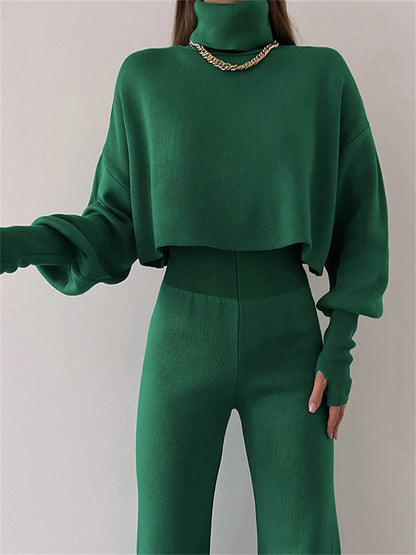 Turtleneck Two Piece Outfits for Lantern Sleeve Cropped Top and Straight Leg Pants Sets Tracksuit Outfits