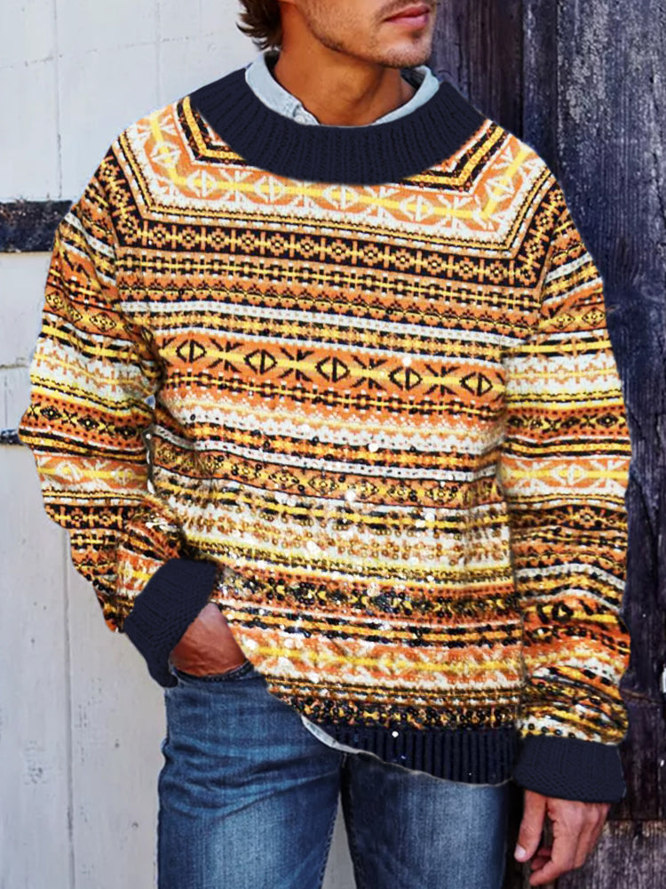 Western Stripe Knit Men's Crew Neck Sweater artswardrobe