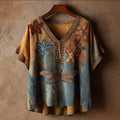Bohemian Style Plant Dragonfly Embroidery Tie-dye V-neck Short-sleeved Shirt elevenforest