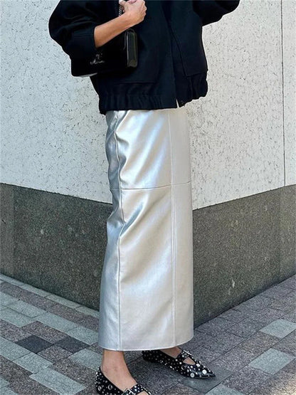 Patchwork High Waist Long Skirt Metallic Slim Pu Maxi Dress Female Autumn Maxi Skirt
