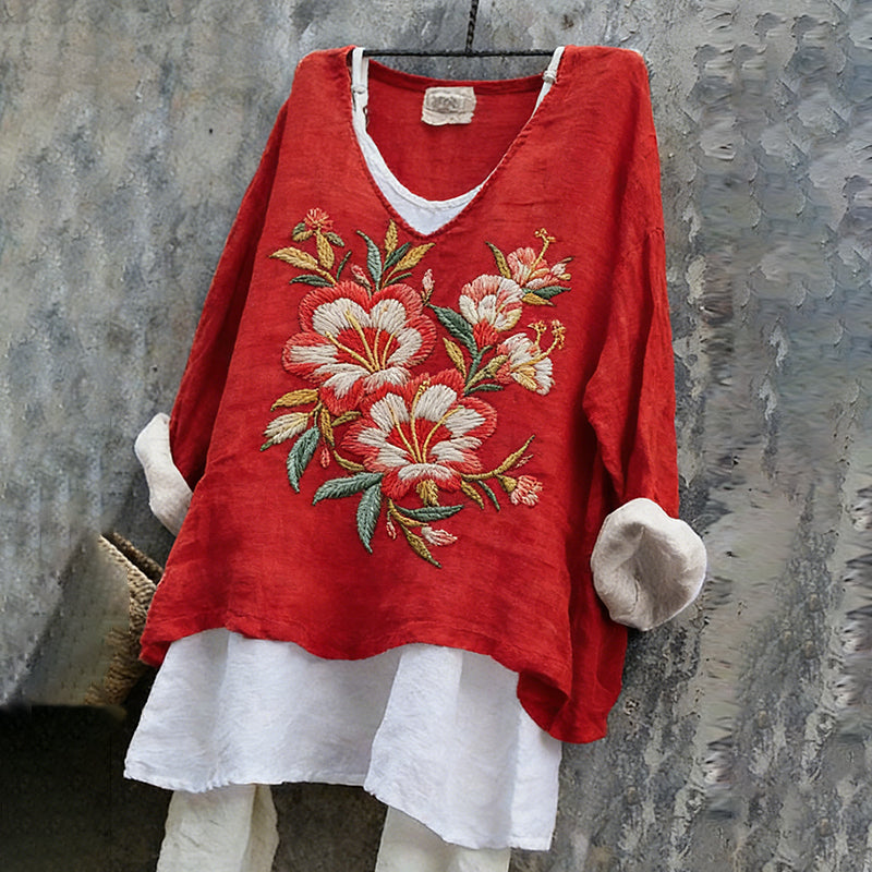 Women's Vintage Hibiscus Embroidered Linen Shirt elevenforest