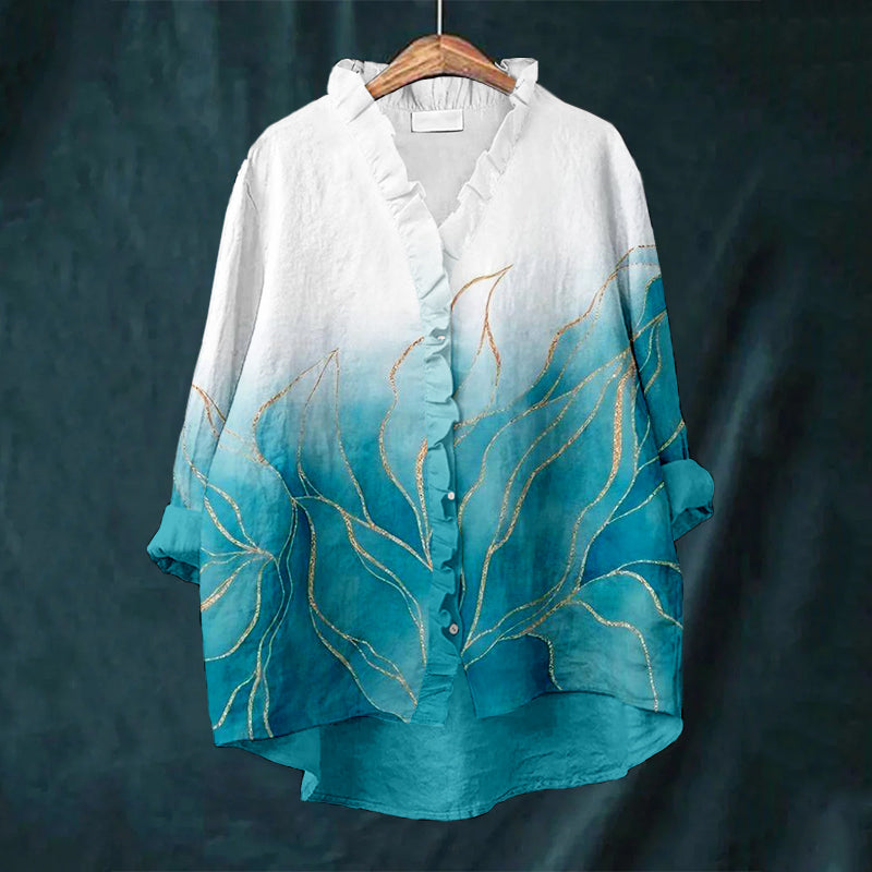 Elegant Abstract Flower Art Linen Ruffle Shirt elevenforest