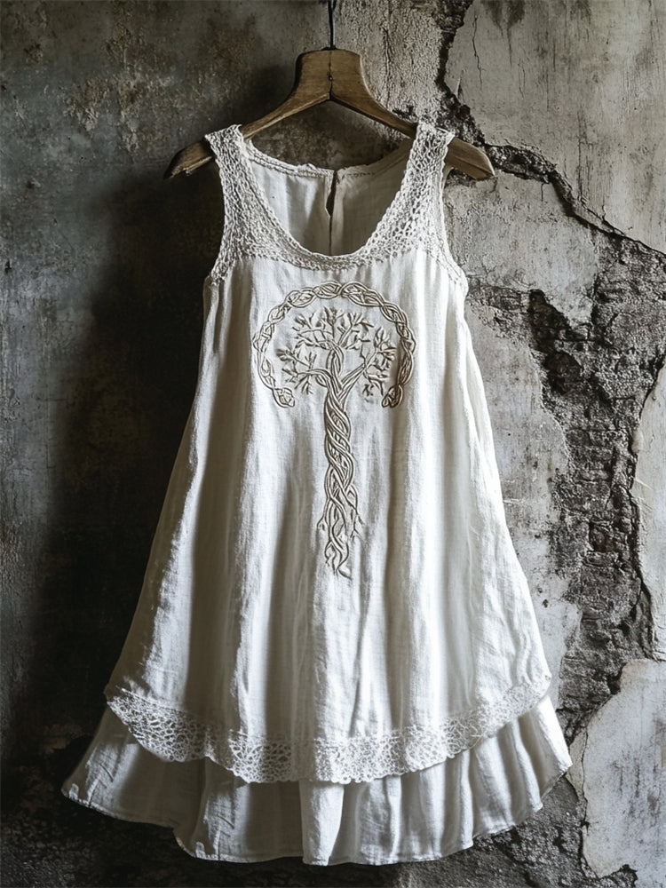 Boho Celtic Tree Of Life Lace Patchwork Layered Linen Dress elevenforest