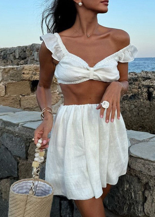 Isola Linen Ruffle Set – Two-piece Off-shoulder Crop Top & Skirt