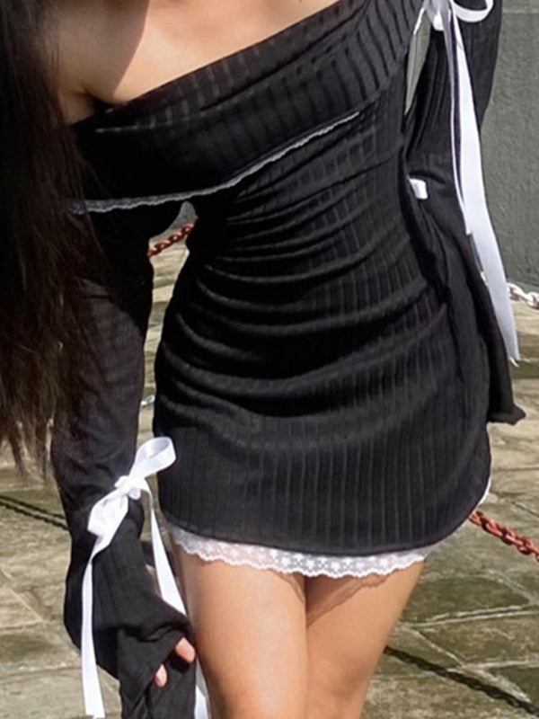 Off Shoulder Tie Up Long Sleeve Mini Dress With Lace Splice