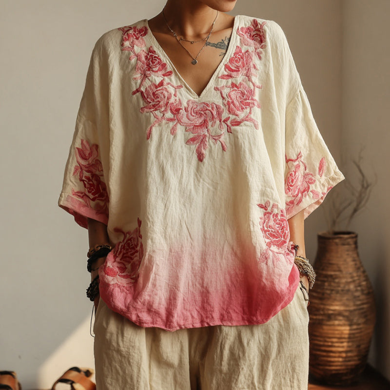 Vintage Pink Rose Gradient Froal Pattern Art Linen Shirts elevenforest