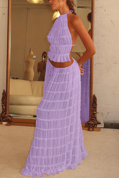 Versatility and Charm Pleated Drawstring Waist Tiered Maxi Skirt