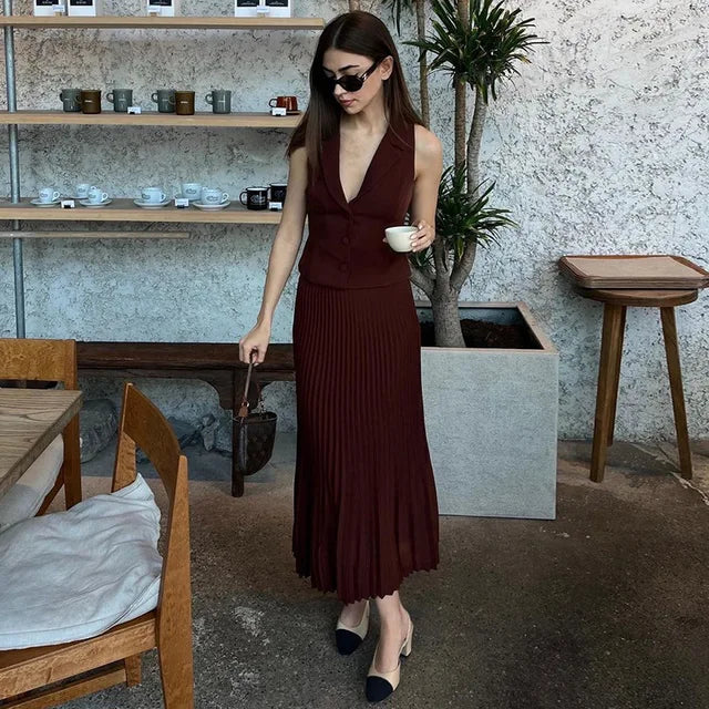 Trauxy Summer New Pleated Skirt Suit for Slim Sleeveless Short Vest Top Long Skirt High Waist Two Pieces Set