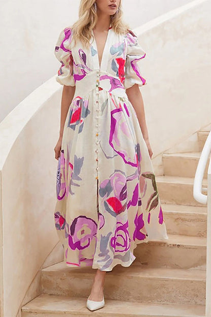 Lover's Gaze Watercolor Printed Puff Sleeve Button Maxi Dress