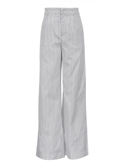 ’s Black White Stripe Wide Leg Pants New High Waist Zipper Loose Work Business Pants With Pockets