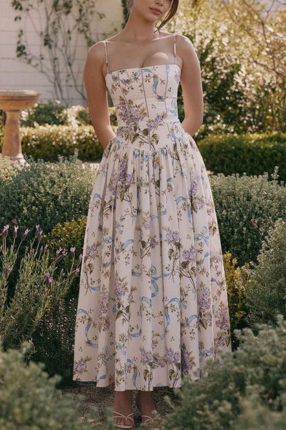 Spaghetti Strap Print Bustier A-line Maxi Dress