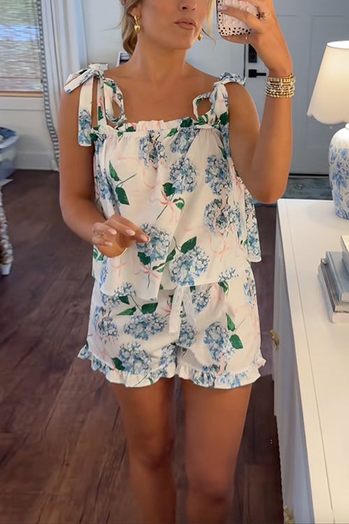 Print Bow Shoulder Cami Top and Ruffle Shorts Pajama Set