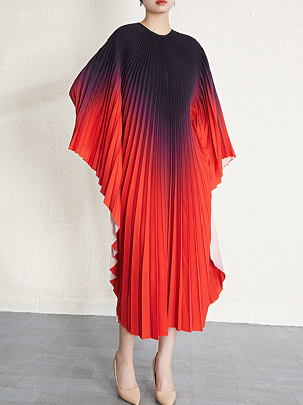 Batwing Sleeves Loose Gradient Pleated Round-neck Midi Dresses