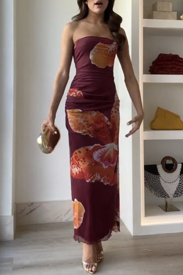 Oh So Sunny Mesh Print Bandeau Stretch Maxi Dress