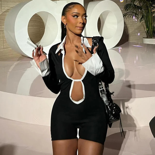 Black Commuter Bodycon Crash Color Polo Collar Split Long Sleeve Skinny Short Jumpsuit Hollow Street Jumper