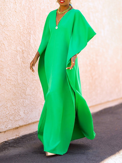 Batwing Sleeves Loose Color Split-side V-neck Maxi Dresses