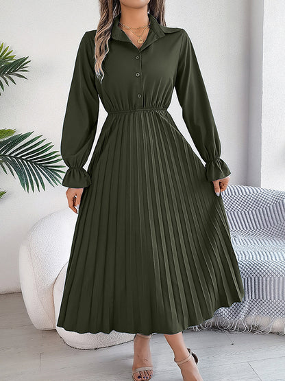 A-line Flared Sleeves Buttoned Elasticity Pleated Color Lapel Maxi Dresses