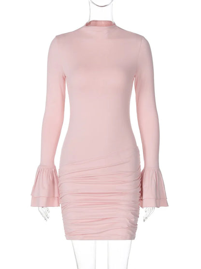Pleated High Waist Mini Dress Female Ruffled Patchwork Slim Commute Long Sleeve Dress ’s Dress