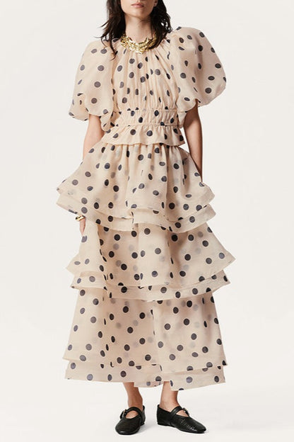 Polka Dot Puff Sleeve Ruffle Blouse a Line Tiered Skirt Set
