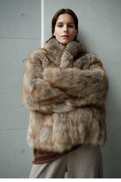 Minimalist Mid-length Faux Fur Stand Collar Coat