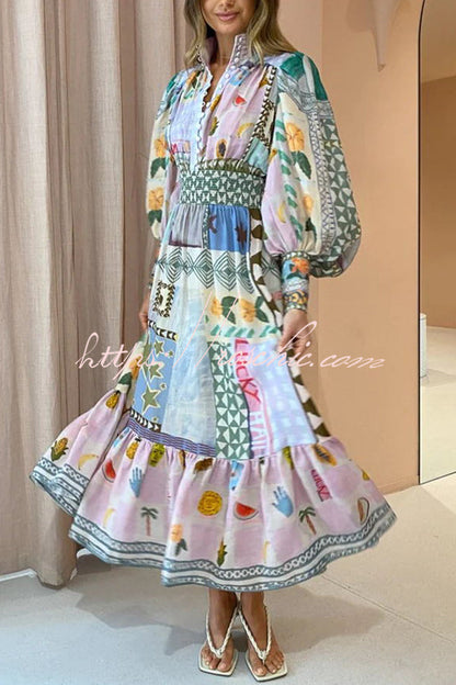 Playfully Unique Print Balloon Sleeve Smocked Waist Shirt Midi Dress