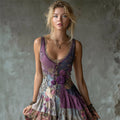 Vintage Purple Roses Boho Patchwork Linen Dress