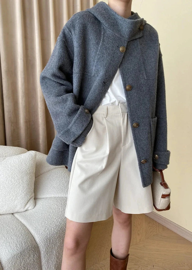 Wool-blend Buttoned Coat With Stand Collar