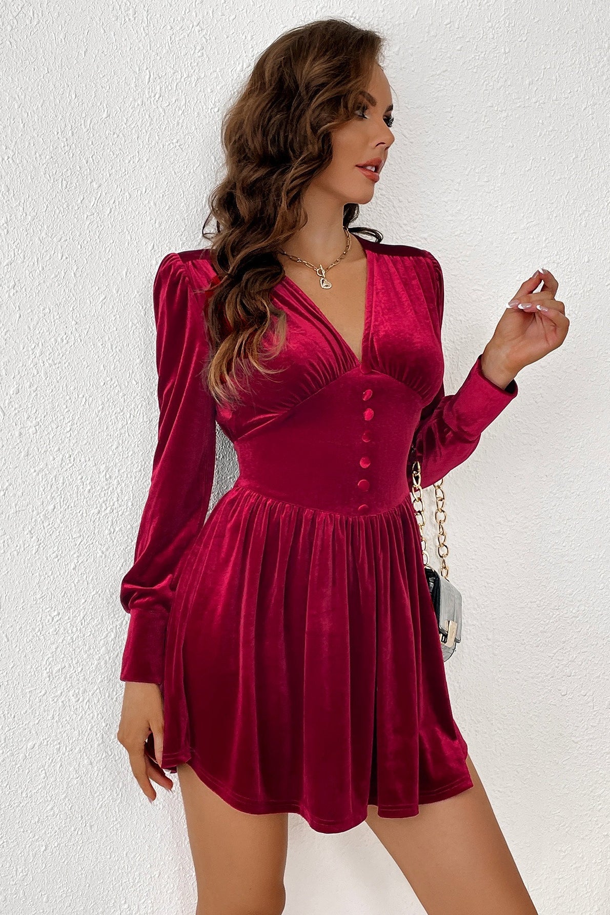 Velvet V-neck Button Slim Long-sleeve Mini Dress