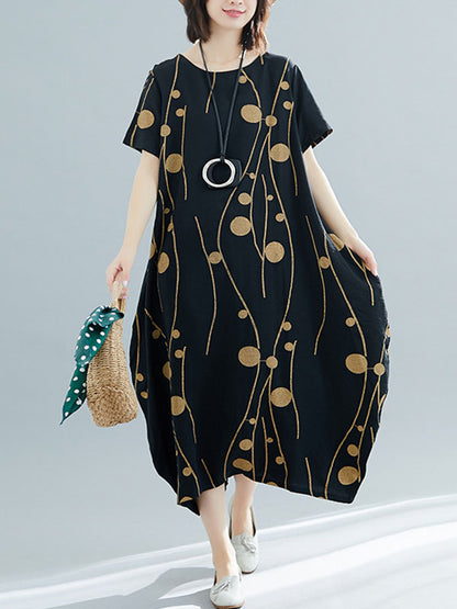 Loose Short Sleeves Printed Round-neck Midi Dresses