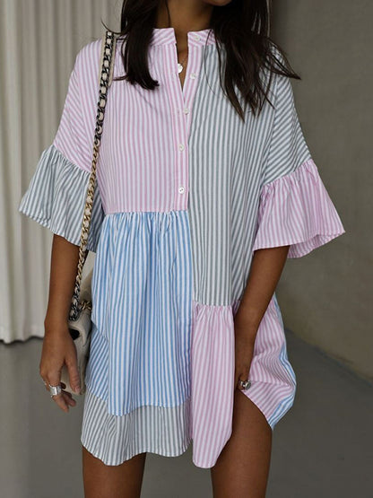 Long Sleeves Loose Buttoned Contrast Color Pleated Split-joint Striped Stand Collar Mini Dresses Shirt Dress