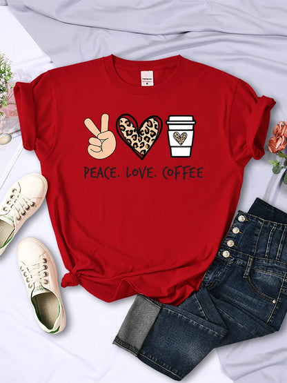 Peace Love Coffee Prints Tshirts Cotton T-shirts Brand Breathable Tees Shirts Street O-neck Tshirt for