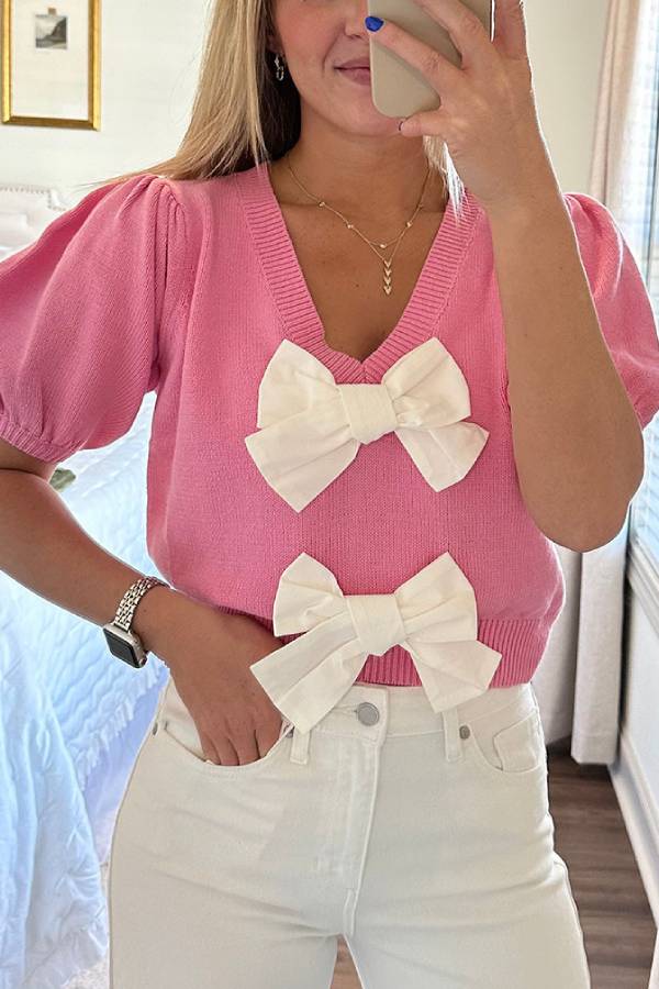 V-neck Short-sleeved Double Bow Color Sweater