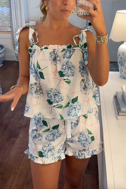 Print Bow Shoulder Cami Top and Ruffle Shorts Pajama Set