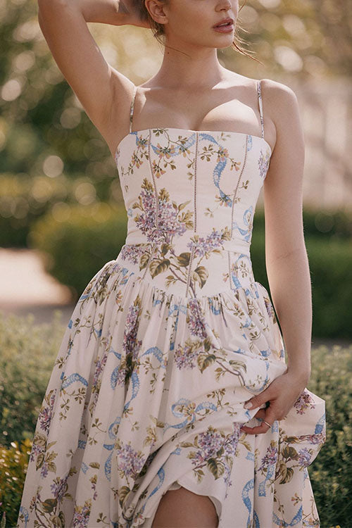 Moxidress Spaghetti Strap Print Bustier A-line Maxi Dress