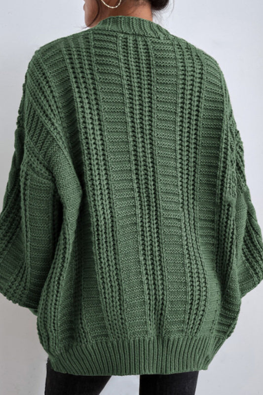 V-neck Cable Knit Balloon Sleeve Cardigan